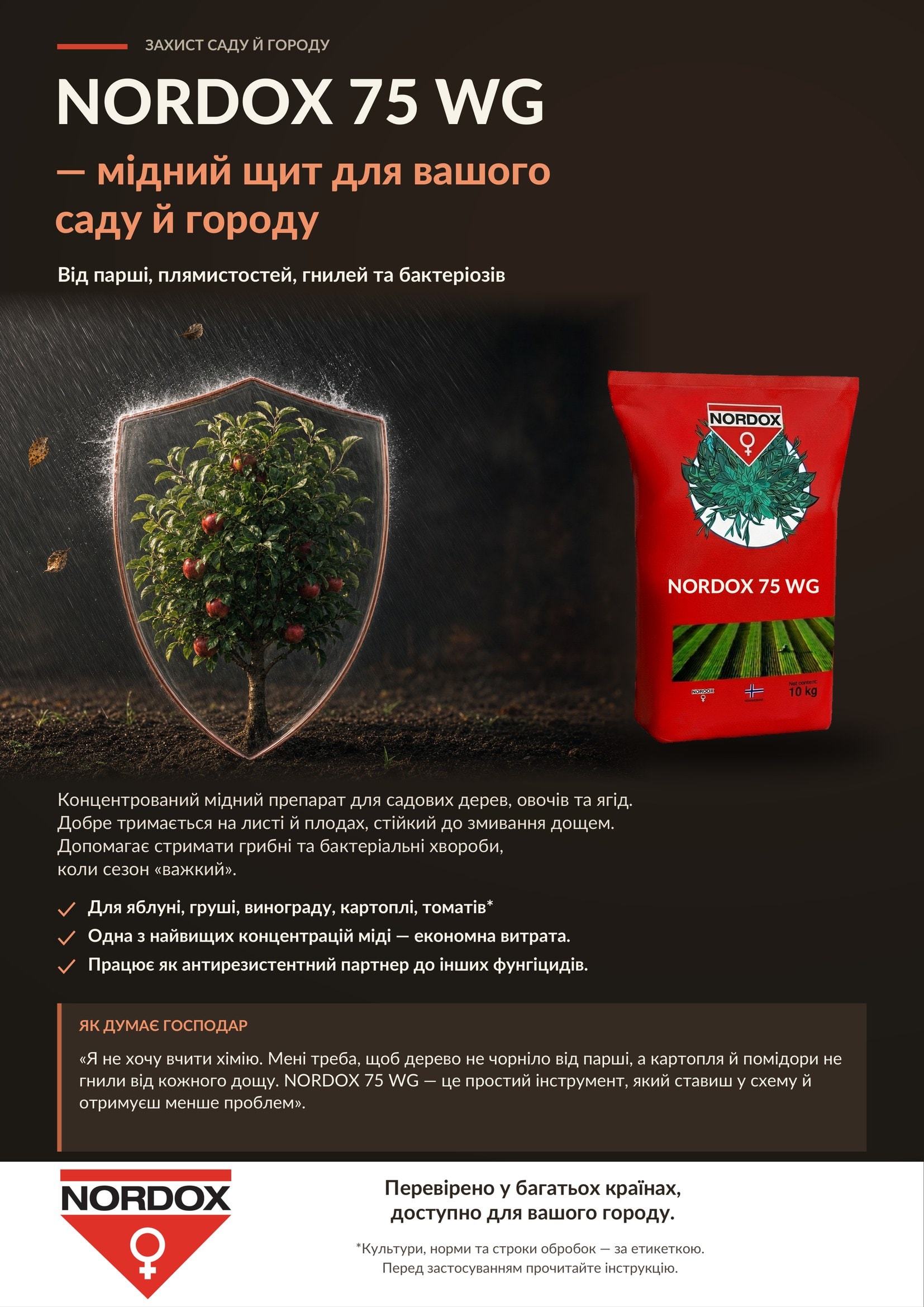 NORDOX 75 WG для саду й городу: захист від парші, плямистостей, гнилей та бактеріозів.