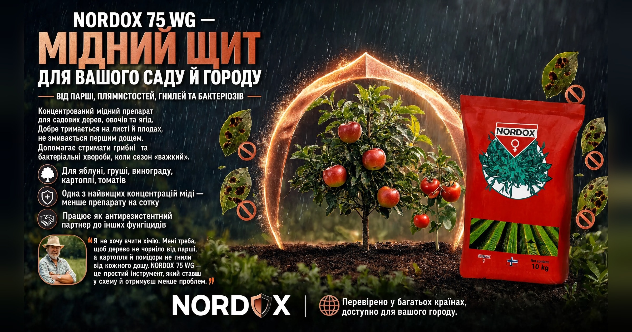 Банер NORDOX 75 WG — мідний щит над яблунею й томатами під дощем і пакет препарату 10 кг